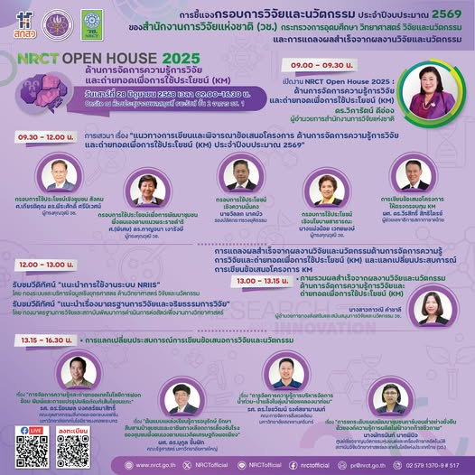 ขอเชิญเข้าร่วมรับฟังการชี้แจงกรอบการวิจัยและนวัตกรรมของสำนักงานการวิจัยแห่งชาติ (วช.) ประจำปีงบประมาณ 2569 NRCT Open House 2025 และการแถลงผลสำเร็จจากผลงานการวิจัยและนวัตกรรม